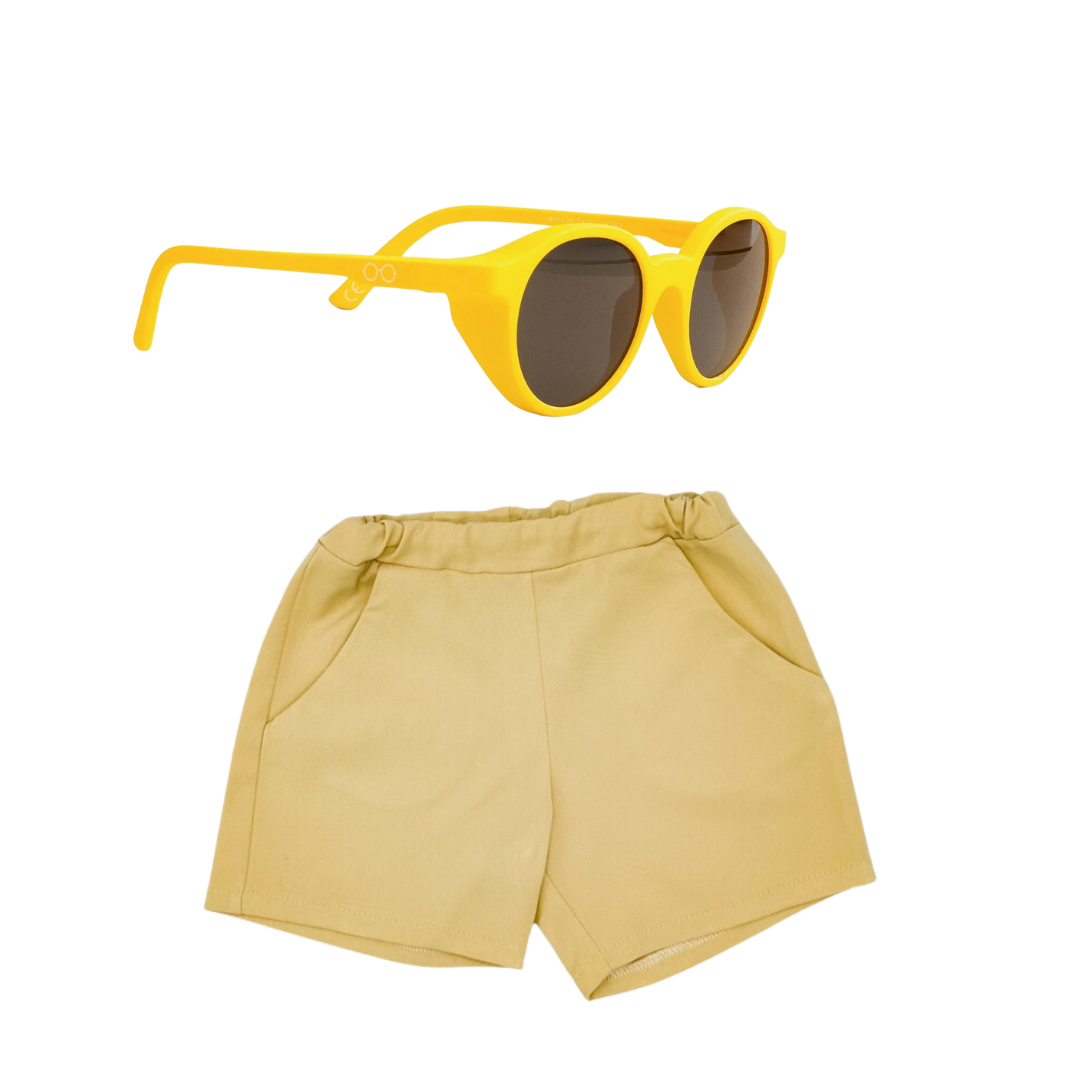Kopie von BIO Boho Shorts sonnengelb und soonice Sonnenbrille